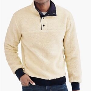 JCREW men’s Fleece Sherpa Snap Pullover, size XL, cream fleece with navy trim